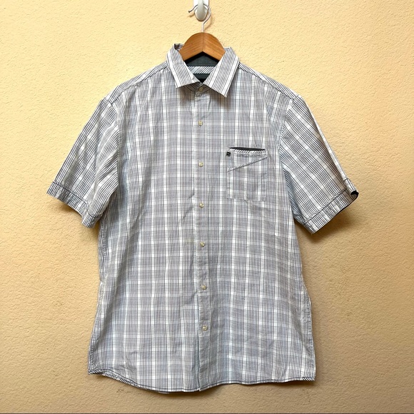 7 Diamonds White Blue Brown Short Sleeve Button Up Shirt O-11 - Picture 1 of 13